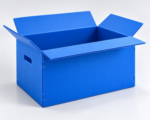 Blue corrugated polypropylene box shown open with visible fluted walls