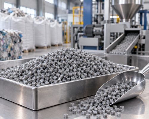 Recycled polypropylene granules on a processing line