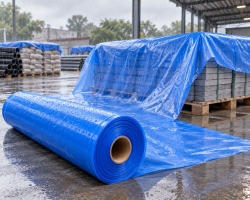 Blue covering sheet protecting materials outdoors