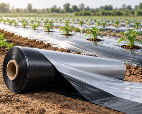 Mulch film laid over cultivated crop beds
