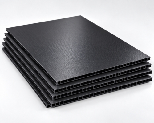 Stacked black polypropylene floor guard sheets for temporary floor covering