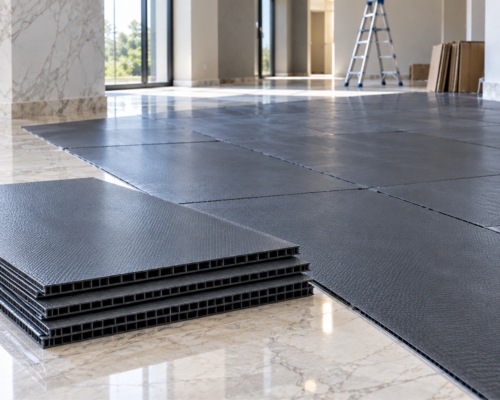 PP floor guard sheets laid across an interior floor