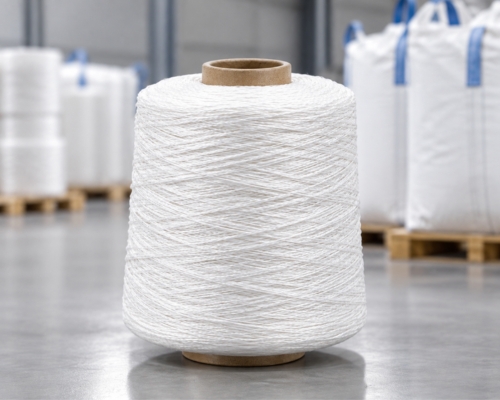 White polypropylene crimp yarn wound into an industrial yarn package