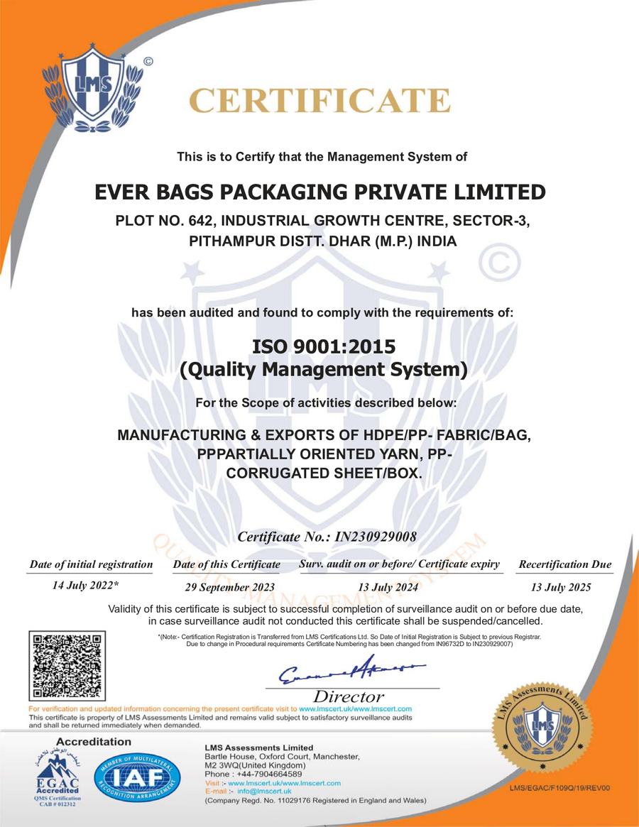 ISO 9001:2015 certificate for Ever Bags Packaging Private Limited, certificate number IN230929008